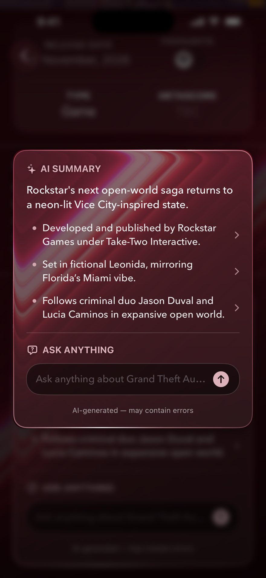 A title's short brief, with the Ask Anything question box beneath it.