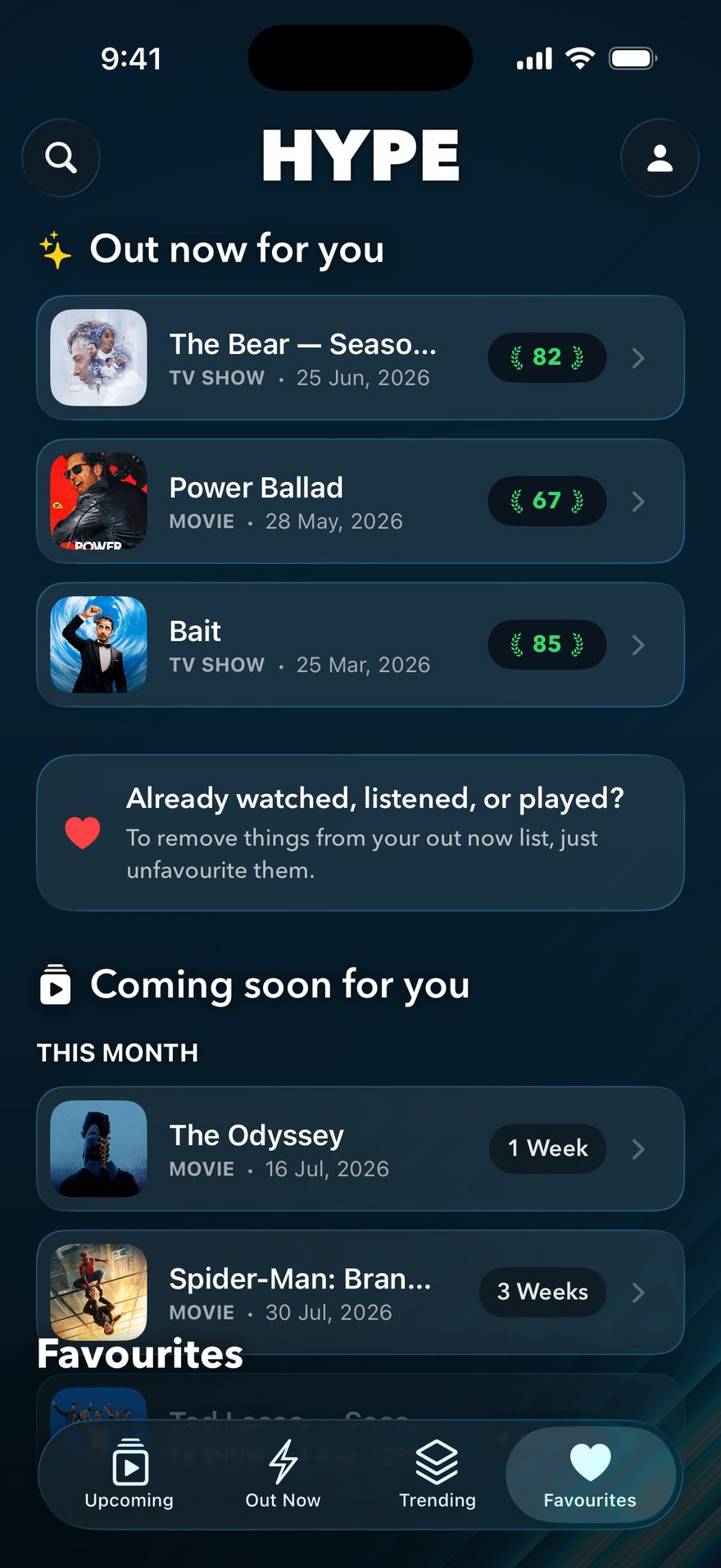 Your favourites list, each entry set for a release-day alert.