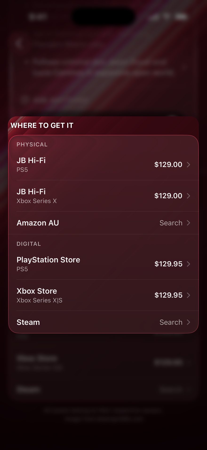 A title's Where to get it section, showing store links and prices.
